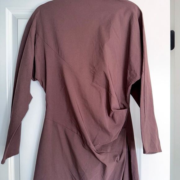 Zara Ruched Brown Midi Stretch Dress Long Sleeve FALL Sz Large - Picture 8 of 10